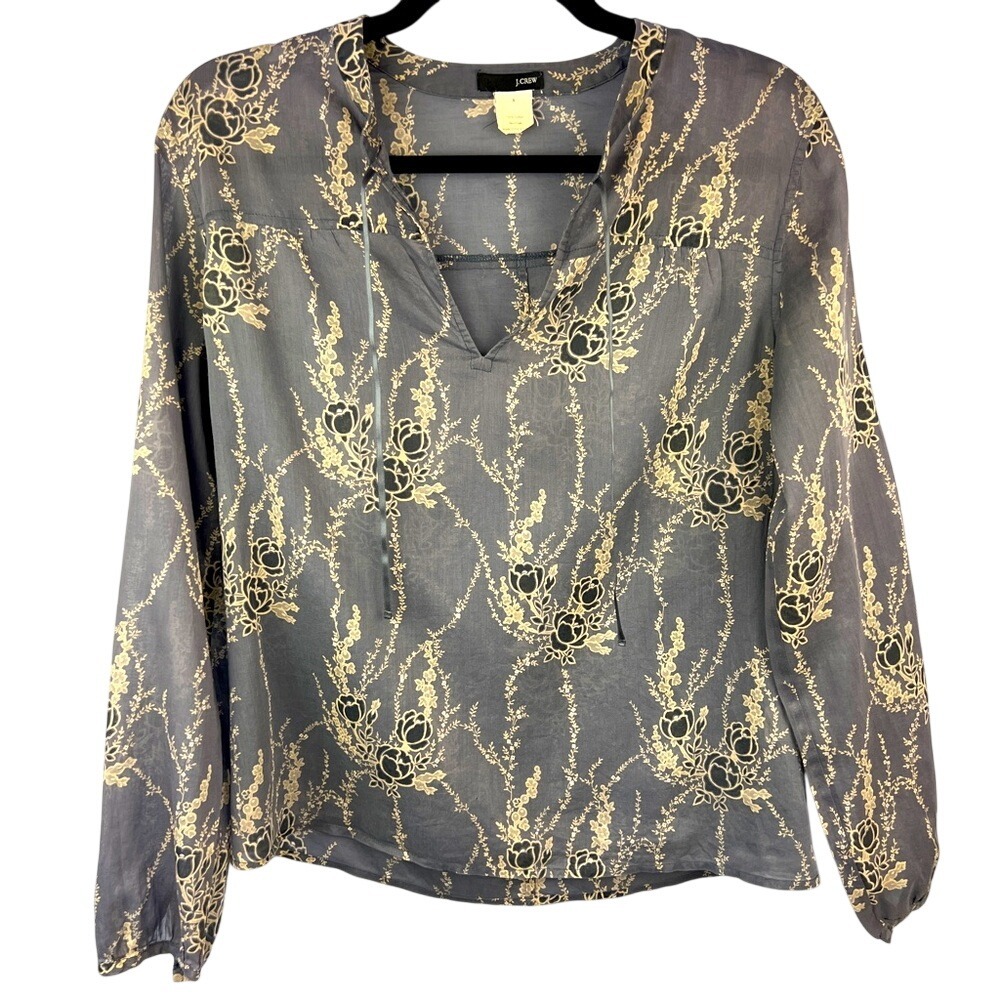 J. Crew Blue Gray‎ Floral Cotton Popover Top Size S Vintage
